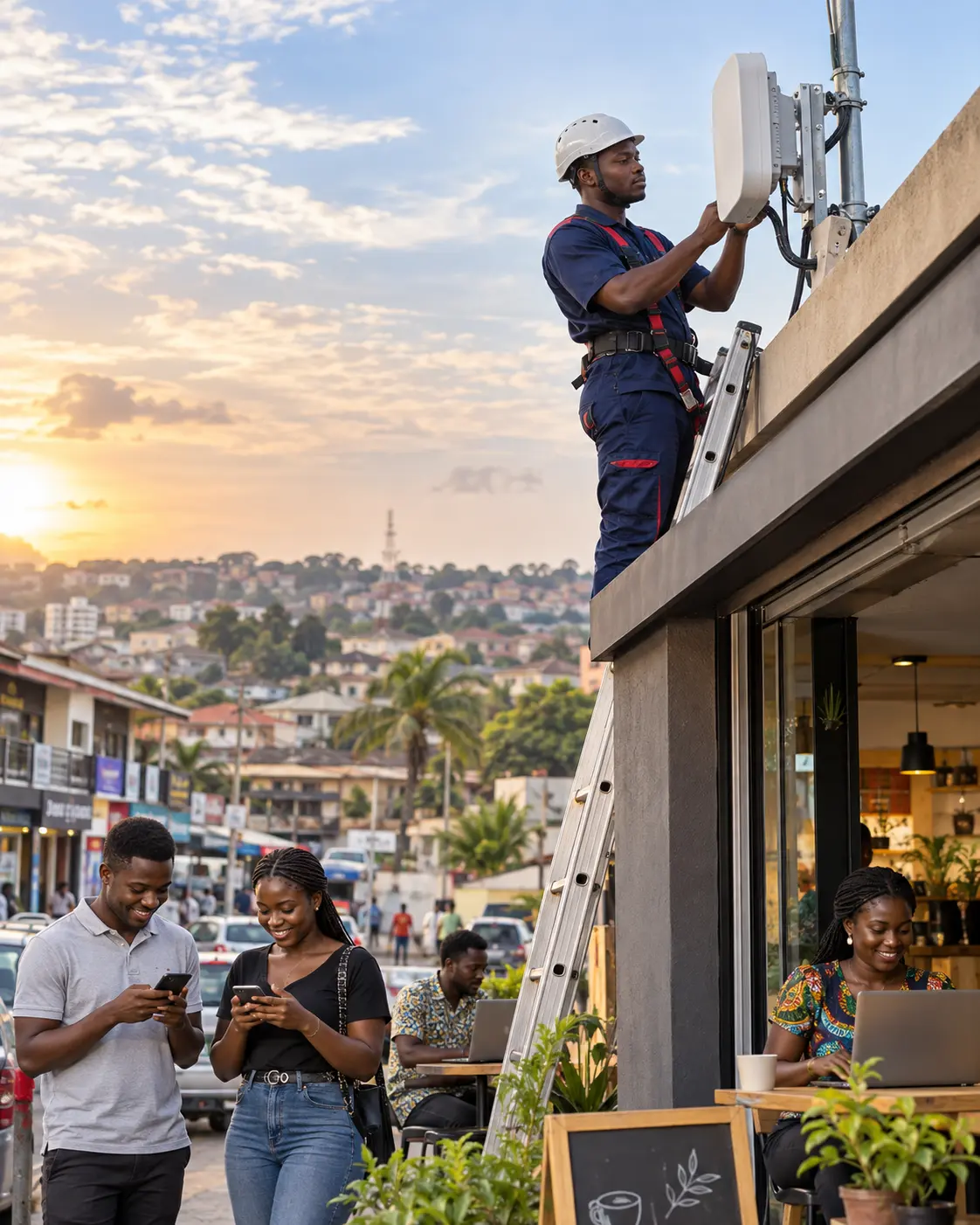Network technician installing managed internet infrastructure for a Ghanaian community